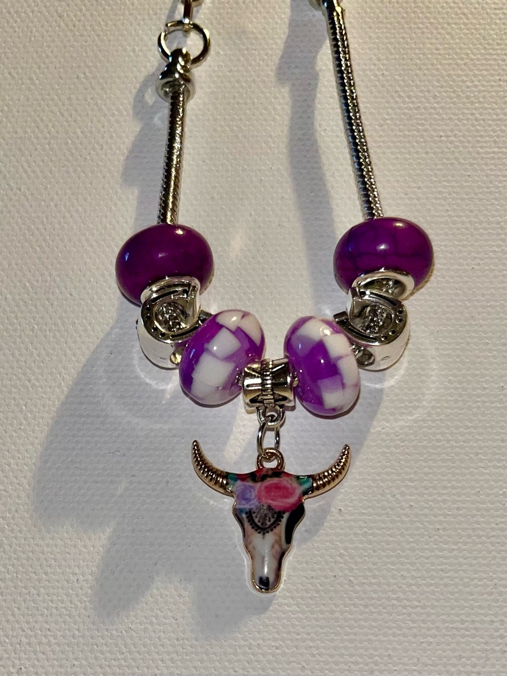 Silver Snake Chain Charm Bracelet w/Bull Skull, Horseshoes & Purple Glass Charms